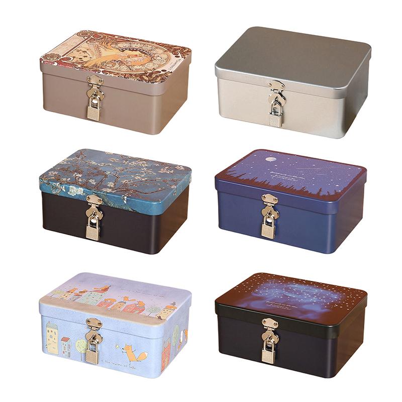 Vintage Large Capacity Tinplate Box With Lock Key Desktop Storage Case Metal Box Jewelry Storage Empty Box