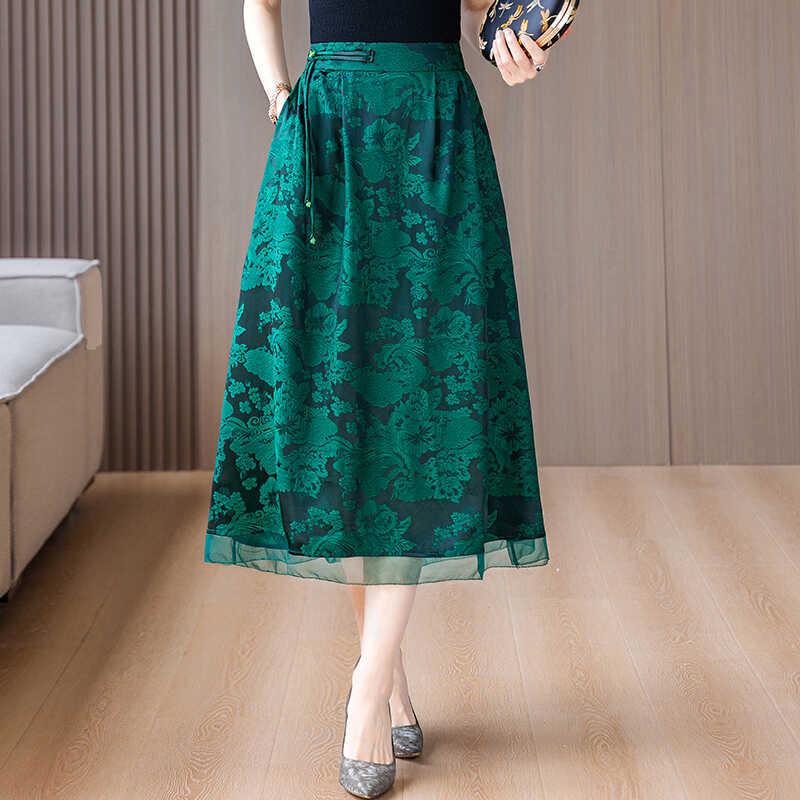 Damen Frühling/Sommer Schwarzer Jacquard A-Linien-Rock: Retro High Waist Schlankmachend für Mütter mittleren Alters