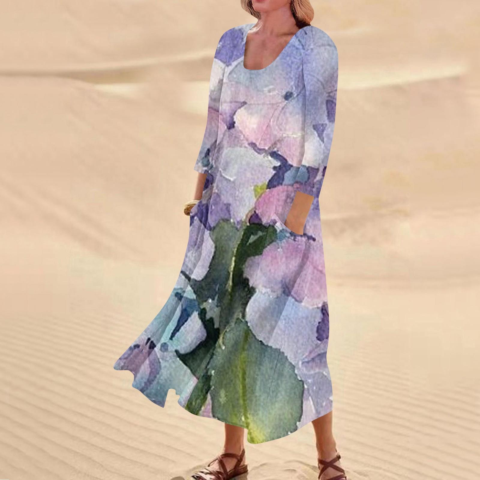 Женское повседневное удобное хлопковое карманное платье с цветочным принтом и рукавами — фото 7