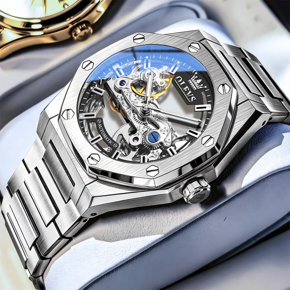 OLEVS Luxury Octagonal Skeleton Automatic Watch for Men Stainless Steel Band Hollow Mechanical Sport Self-winding Male Clock