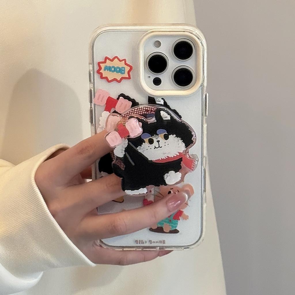 Magnetic Cartoon 16promax Transparent IPhone 15 Mobile Phone Case Suitable for 13 Hammer Cat Rotating Bracket 14 Soft
