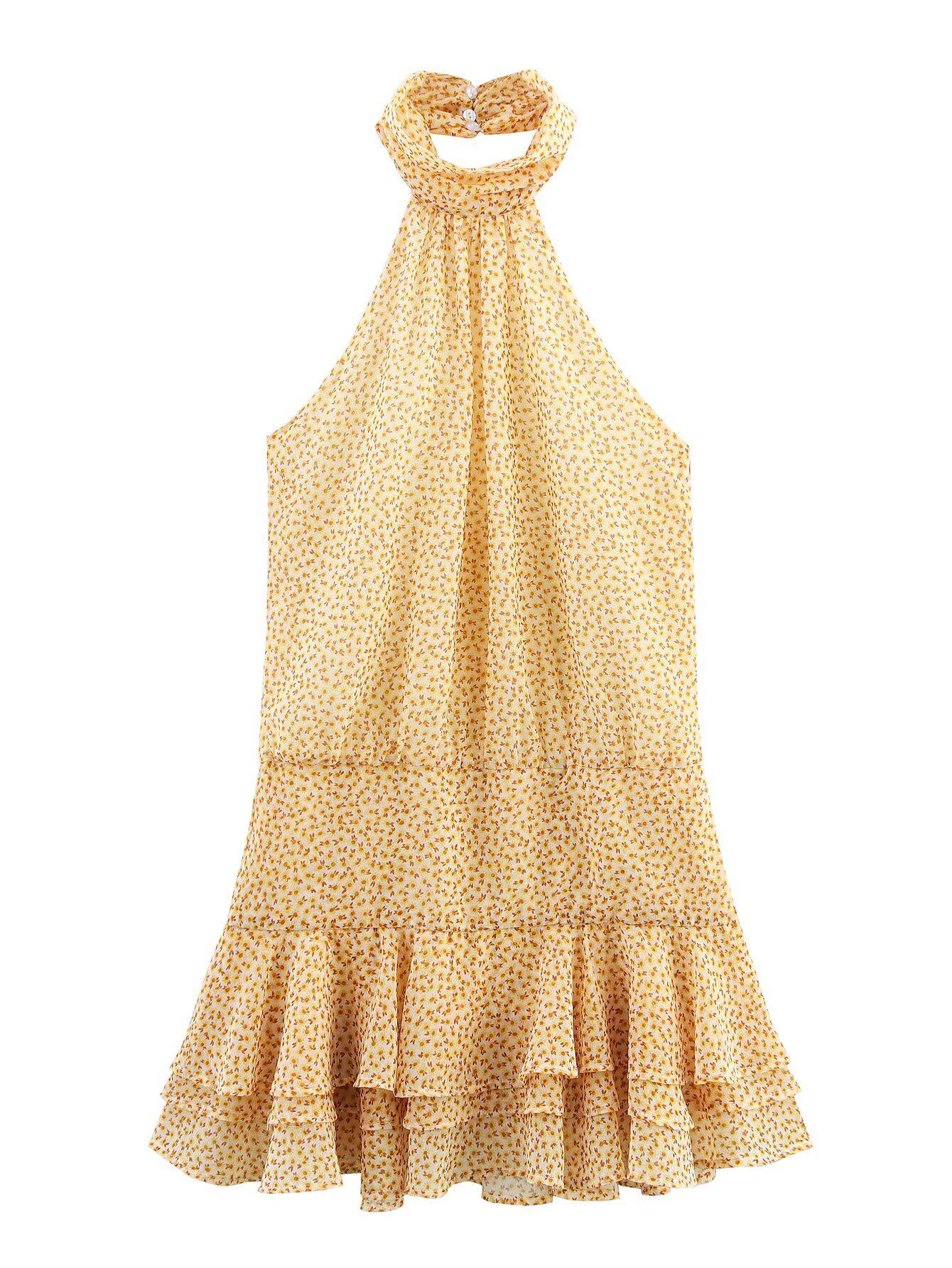 

European & American Women s Layered Halter Neck Printed Dress Medium жёлтый/имбирный