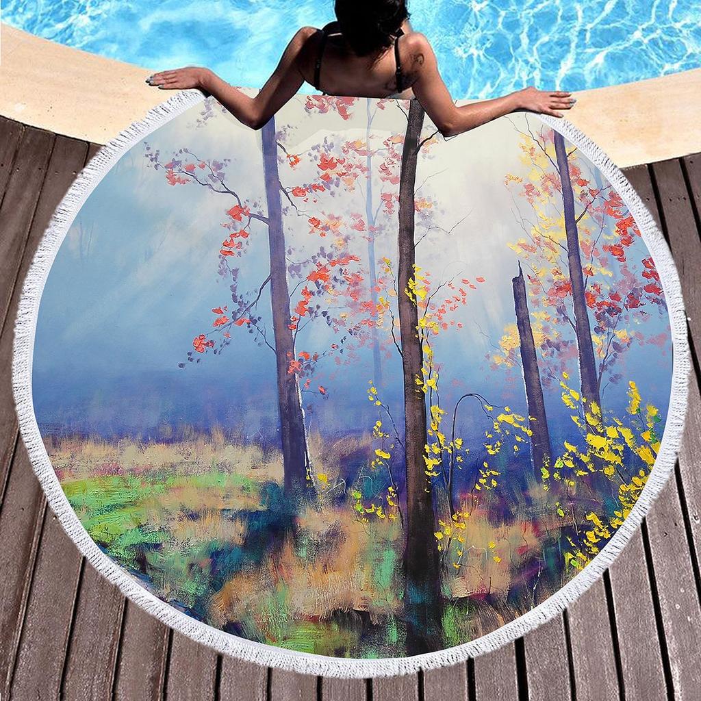 Landscape Art Oil Painting Round Beach Blanket Water Absorbent And Quick Drying Polyester Beach Towel Pool Towel Picnic Blanket