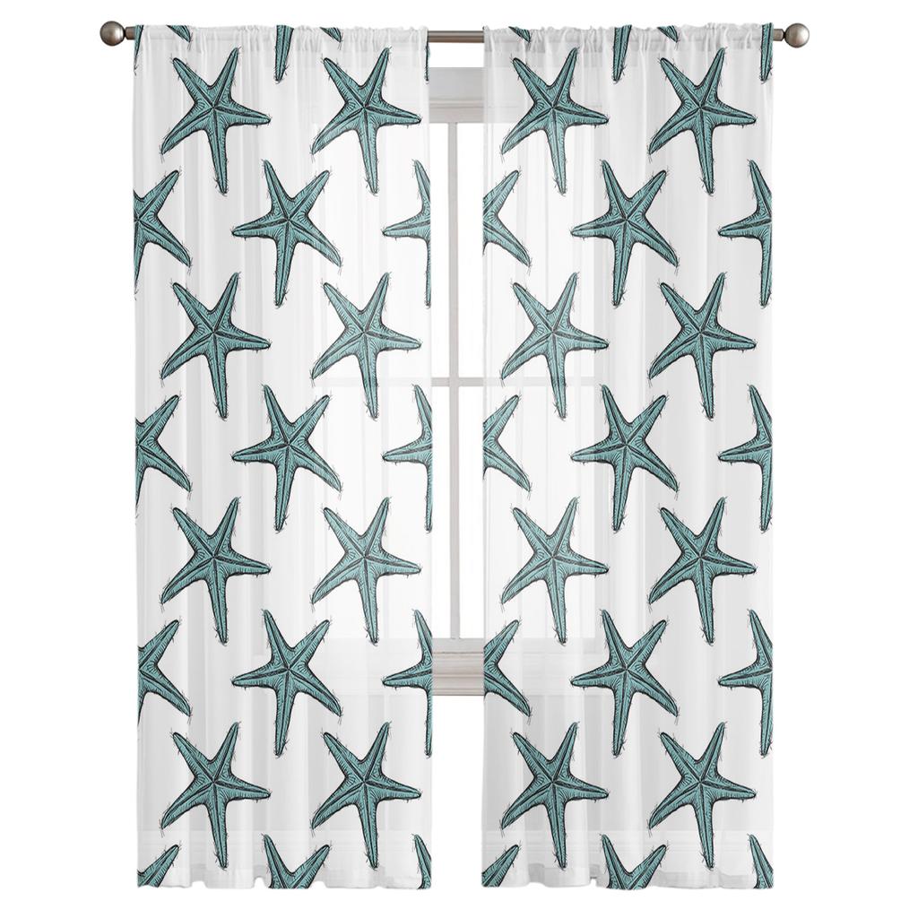 Starfish Texture Aqua In Summer Chiffon Sheer Curtains For Living Room Bedroom Decoration Window Tulle Curtains Drapes