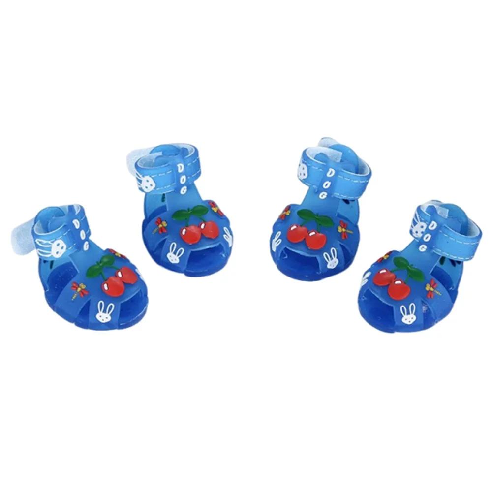 

4Pcs/Set Cartoon Dog Summer Jelly Sandals Non-slip Adjustable Hollow Puppy Shoes Soft Waterproof Breathable Dog Shoes 1 синий