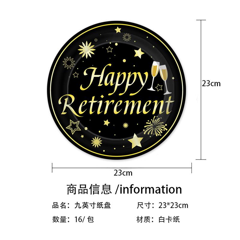 Schwarz und Gold Ruhestand Happy Thema Einweg Pappteller Pappbecher Serviette Tischdecke Party Set Arrangement Zubehör
