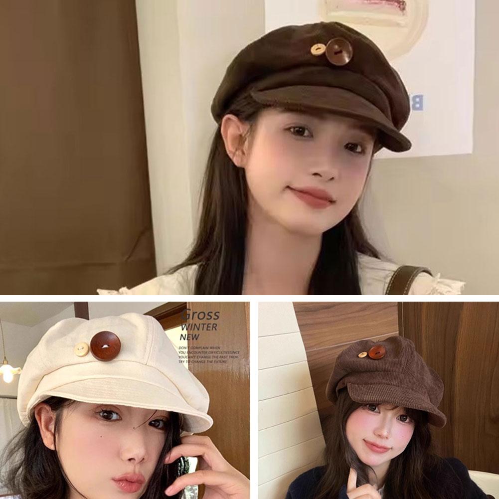 Vintage Corduroy Beret Hat For Women Korean Button Octagonal Cap Autumn Winter Painter Artist Hats Japanese Brown Peaked Caps