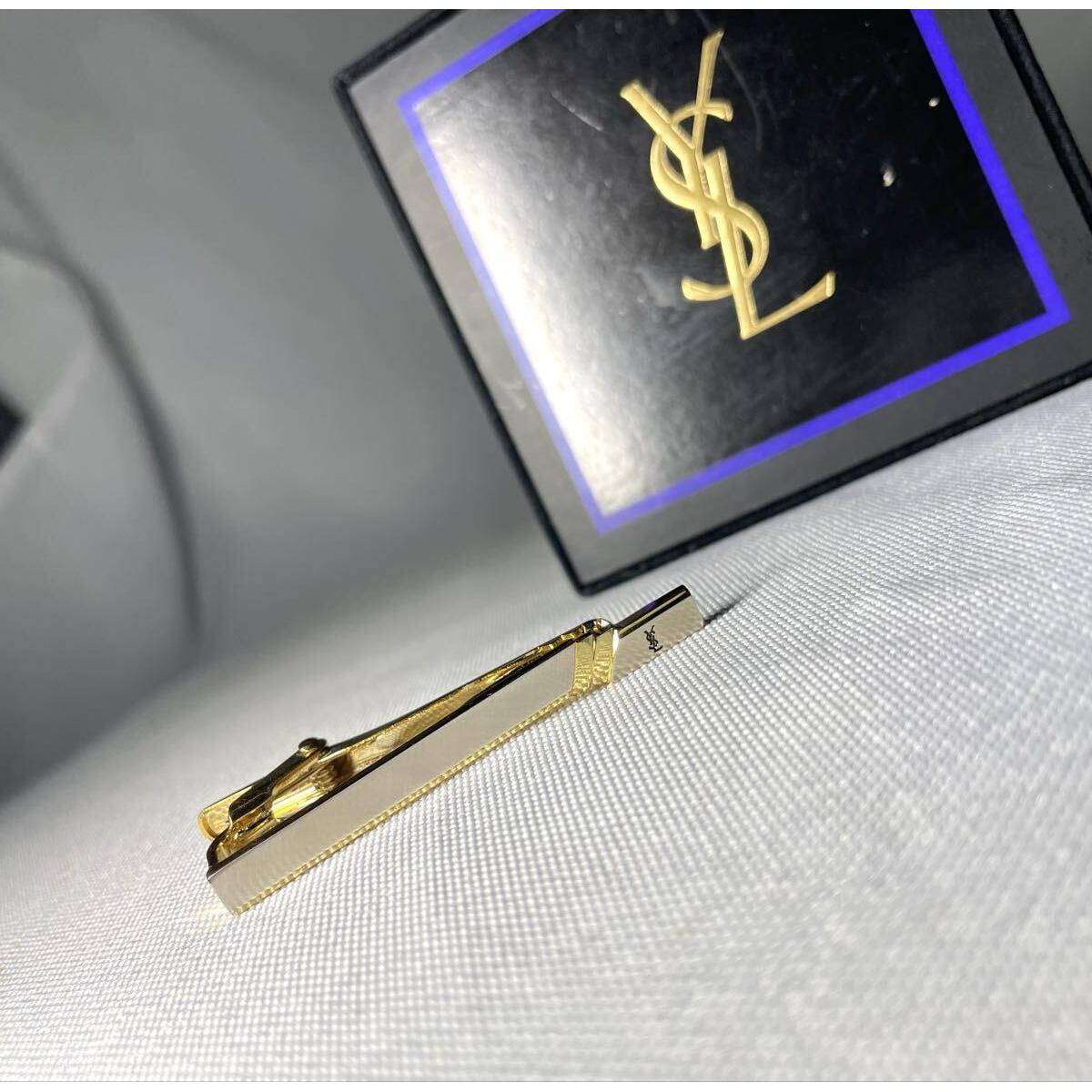 Used Immediate purchase beautiful item YVES SAINT LAURENT YSL logo matte silver & gold vintage tie pin tie pin tie bar with case