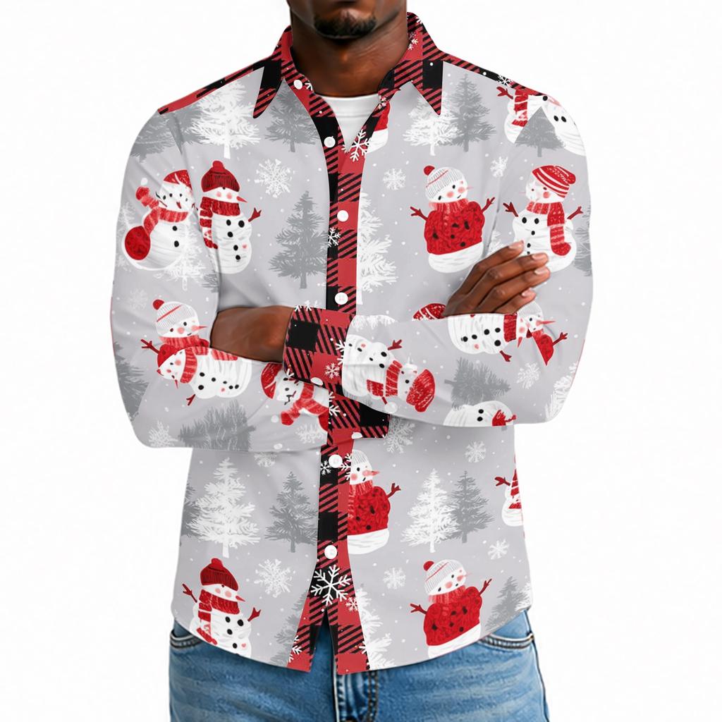 Men's Casual Long Sleeve Shirt with Christmas Print for Holiday Party and Fall
