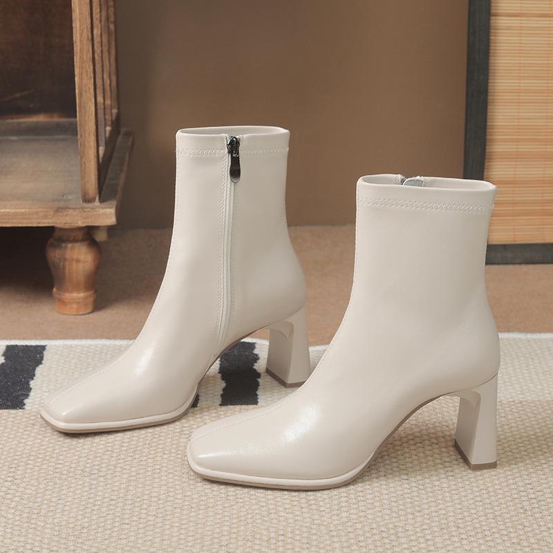 

Универсальные ботильоны на массивном каблуке: Женские облегающие ботильоны с квадратным носком и боковой молнией, из мягкой кожи, однотонные, для весны и осени. 38