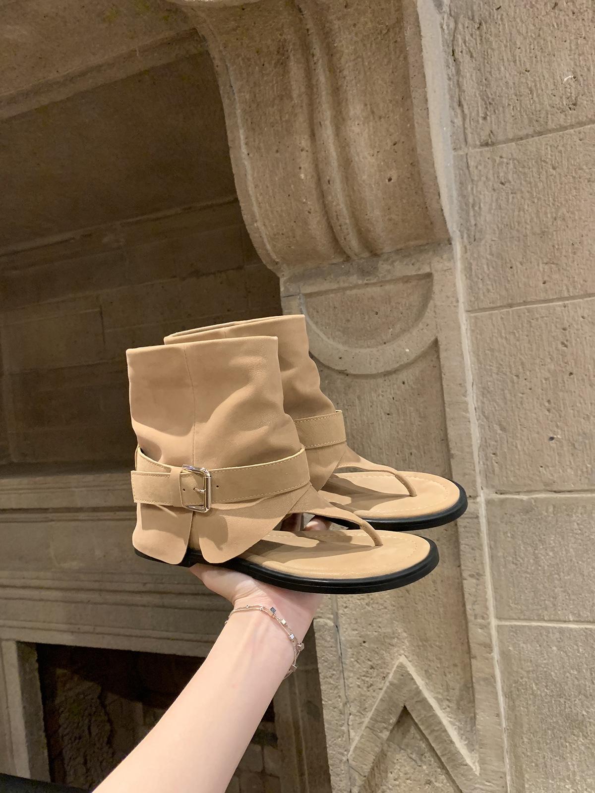 

Cowhide version~ inner height increase retro herringbone toe buckle cool boots women s summer fashionable trousers short tube Roman sandals 34