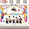 2D Preschool Graduation Party Backdrop, "Congratulations" with Kids, Graduation Cap & Balloons Background