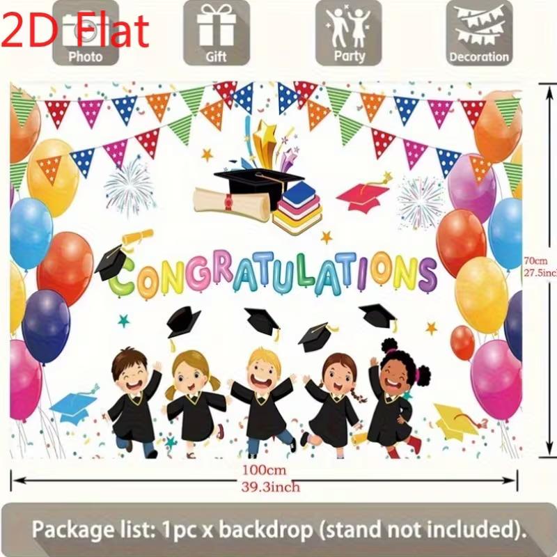 2D Preschool Graduation Party Backdrop, "Congratulations" with Kids, Graduation Cap & Balloons Background