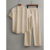 Men's Button Textured Casual Striped Short Sleeved Shirt and Elastic Straight Leg Pants Set, 2-piece Set
