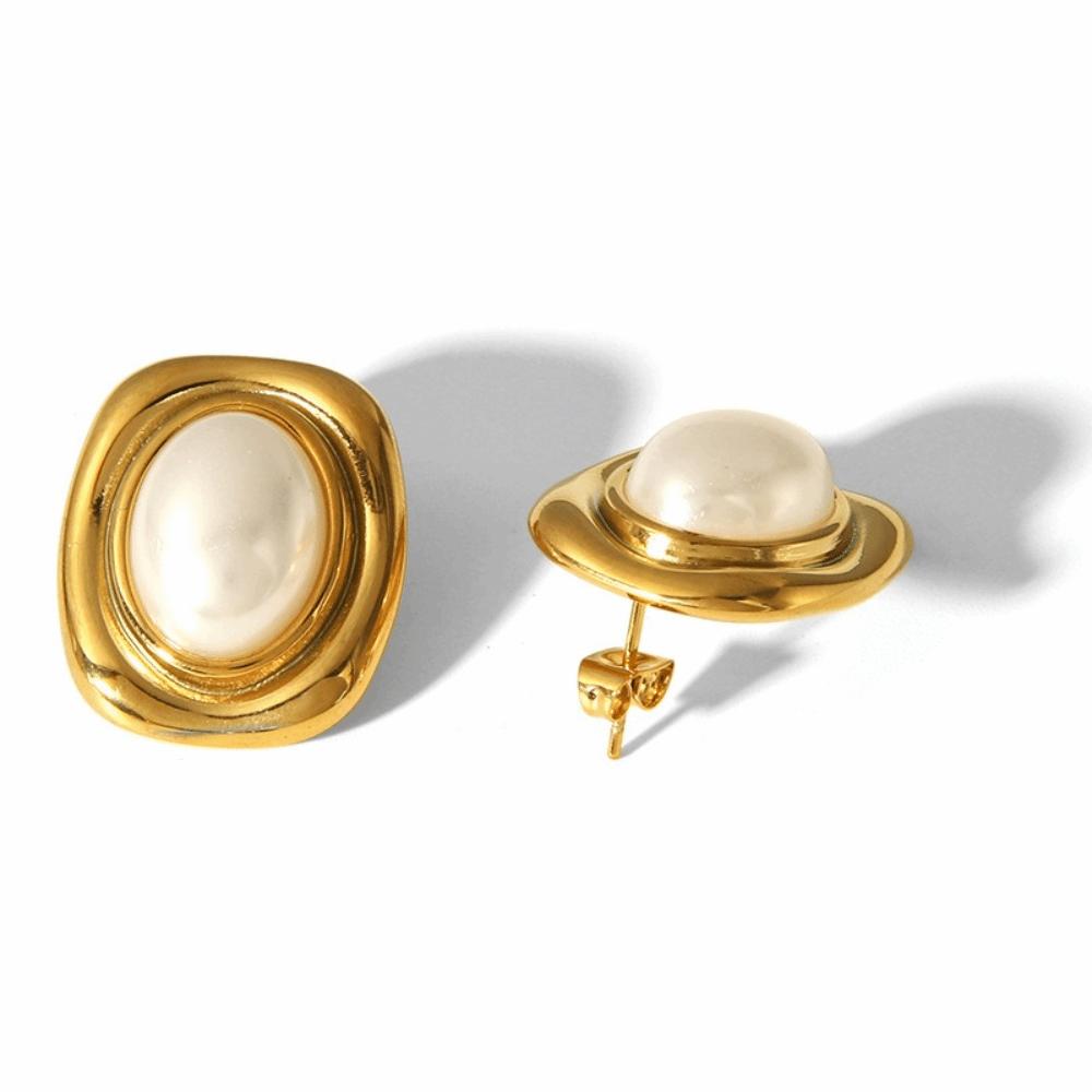 Nature Stone Tiger-eye Earrings Stainless Steel Waterproof Stud Earrings Oval Bead Gold Plated Pearl Earrings Gemstone Jewelry