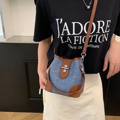 Color Matching Denim Mini Bucket Bag Women's Messenger Bag