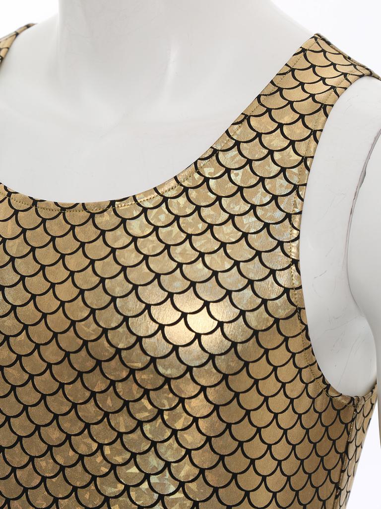 Men Sleeveless Fish Scales Print Bodysuit Sea King Sea God Halloween Cosplay Arm Sleeves Costume