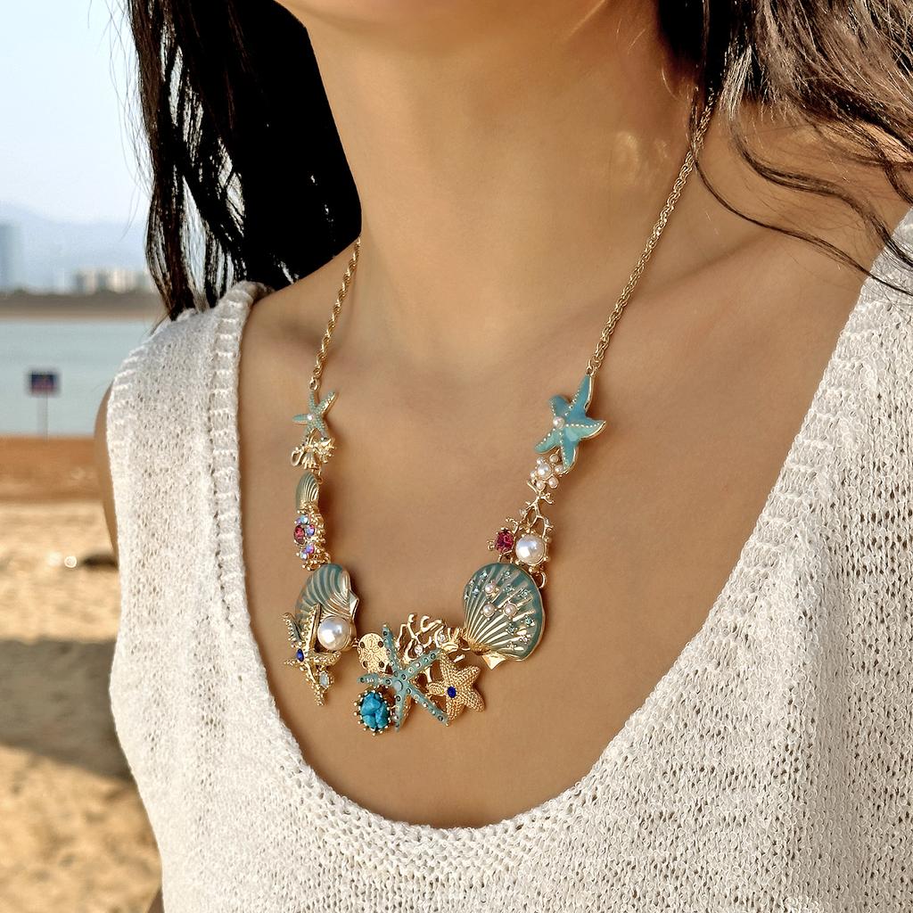 Boho Glänzender Seestern Muschel Koralle Perle Anhänger Halskette Für Frauen Kristall Zirkon Strand Emaille Schlüsselbein Choker Charm Schmuck Geschenk