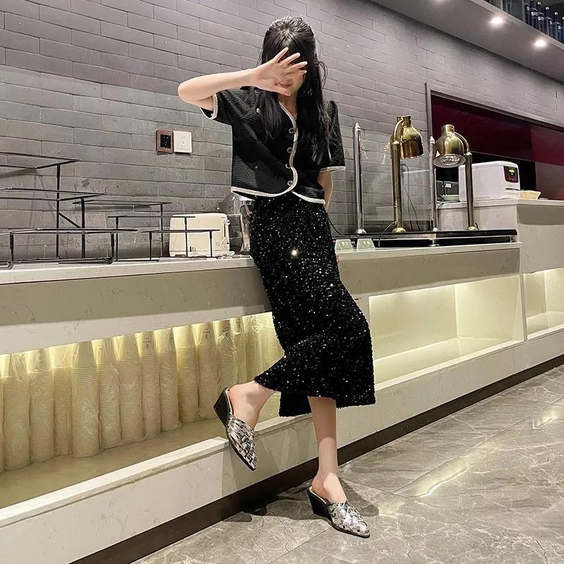 2025 New Woven Leather Sandals Women's Summer Hollow Out Mid Heel Mules Trendy Slip-On Shoes Rubber Upgraded Version