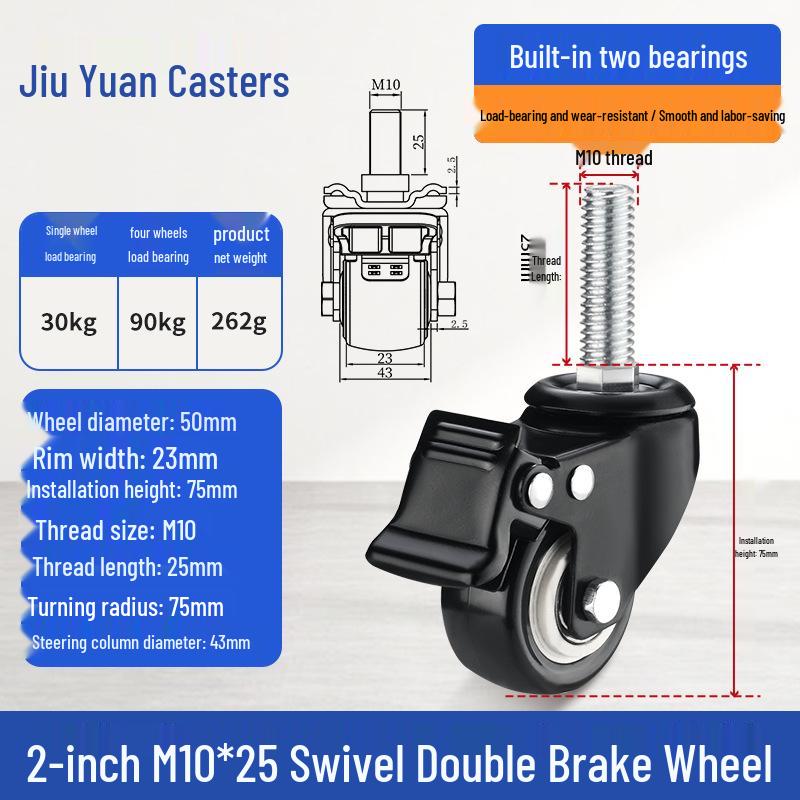 Black Heavy-Duty Swivel Casters with Brakes for Furniture, Cabinets & Industrial Use, Double Bearing Wheels