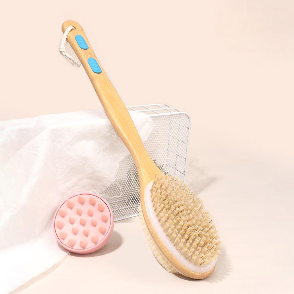 1pcs Wooden Bath Brush with Bristles Long Handle for Shower Back Scrubber Body Exfoliator, Hanging, soft and firm bristles