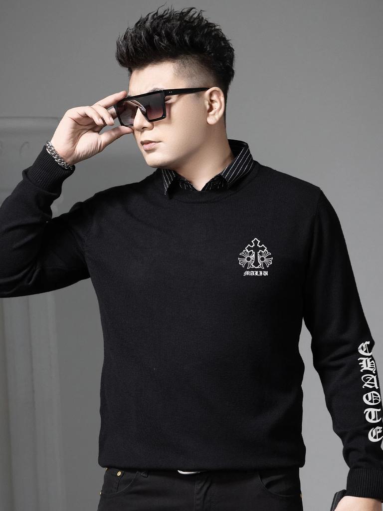 European Style Fake Two-Piece Sweater for Men, 2025 Autumn and Winter New Round Neck High-End Printed Warm Knit Base Shirt
