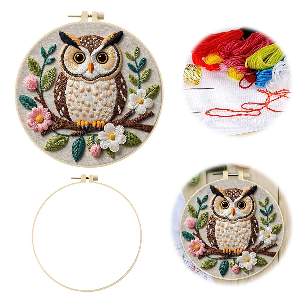 DIY Night Owl Stamped Embroidery Starter Kit with Bamboo Hoop Complete Needlework Craft Kit for Beginners Adults Craft Lover