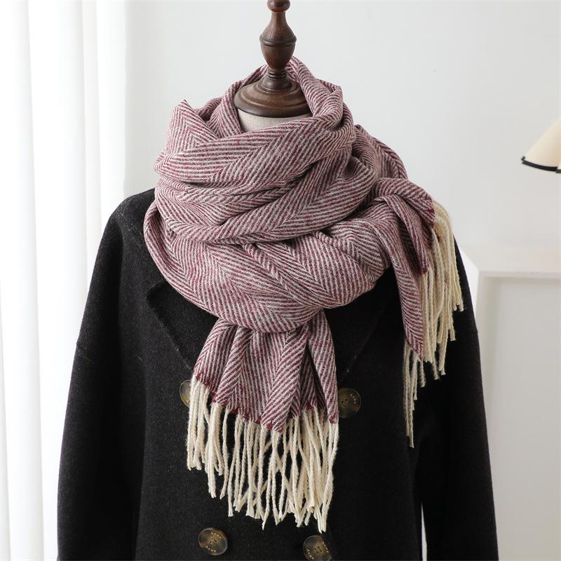 College Style Simple Korean Version Fashionable Versatile Warm Lengthened Imitation Cashmere Scarf Water Ripple Scarf Female Tassel
