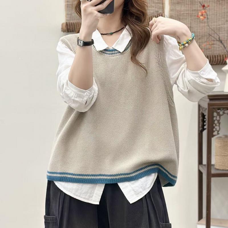 Autumn 2026 Women's Solid Color Sleeveless Knit Vest - Artistic Round Neck, Loose Cotton Thread Sweater Design.