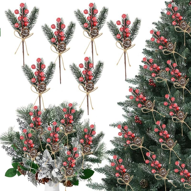 10x Artificial Christmas Picks Red Berries Stems Pine Branches Cones Xmas Decor