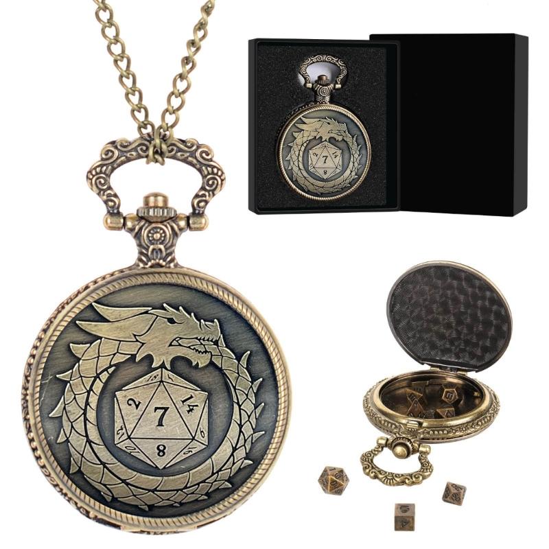 Polyhedral Micro Cubes Vintage Pocket Watch with Micro Polyhedral Set Alloy Material for Tabletop RPG and Card Games
