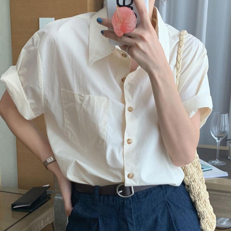 Cămașă de damă coreeană albastră lăptoasă, cu mânecă scurtă, largă, cu guler și design cu buzunar