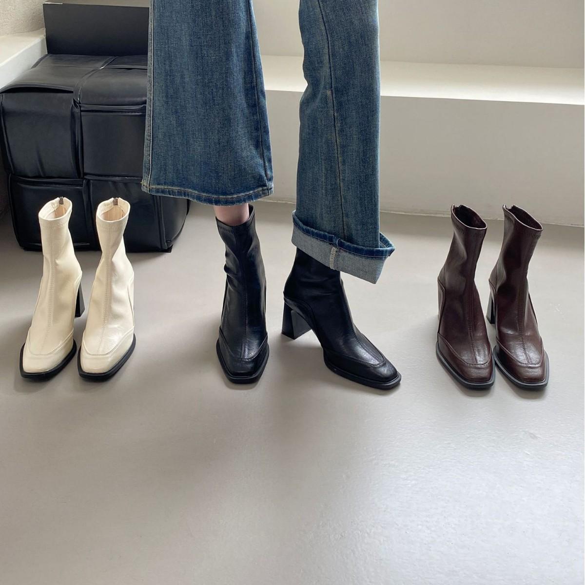 

2025 осень и зима новая корейская версия короткие модные ботильоны высокий каблук задняя молния тонкие ботильоны французский толстый каблук квадратный носок короткие ботильоны женские 40