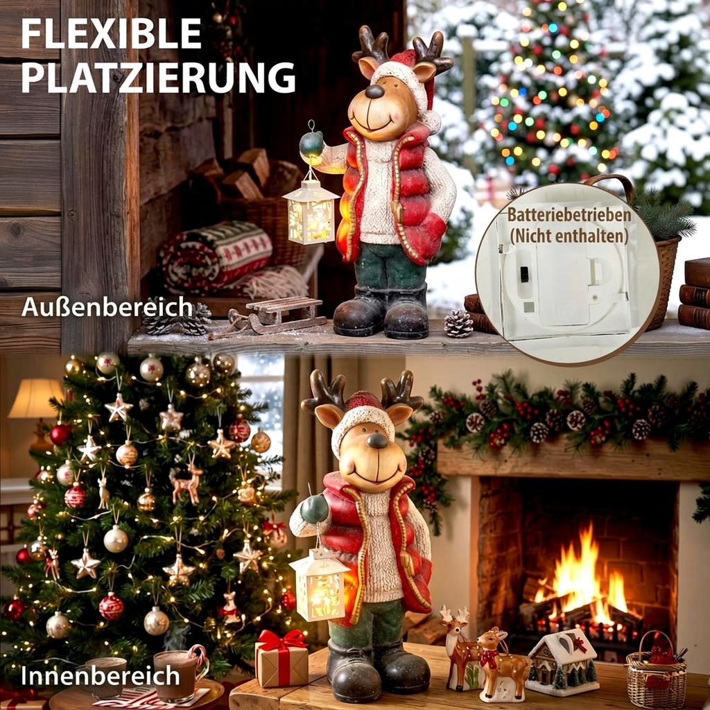 Christmas Decoration, Reindeer with Lantern, LED, Battery-operated, 25.5 X 19.5 X 52 Cm, Red