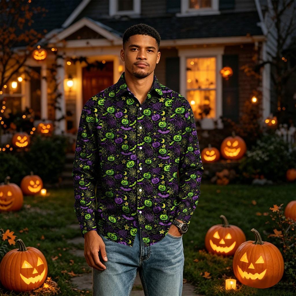 Men's Long Sleeve Button-Down Halloween Print Shirt for Casual Party Wear