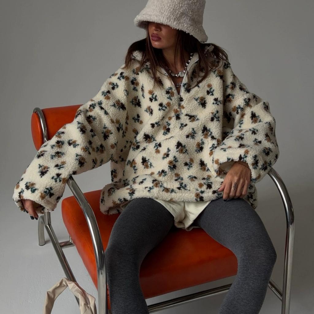 Blommig Polarfleece-tröja Höst och Vinter Mode-tröja Varm Tröja Kasmirtröja Dam