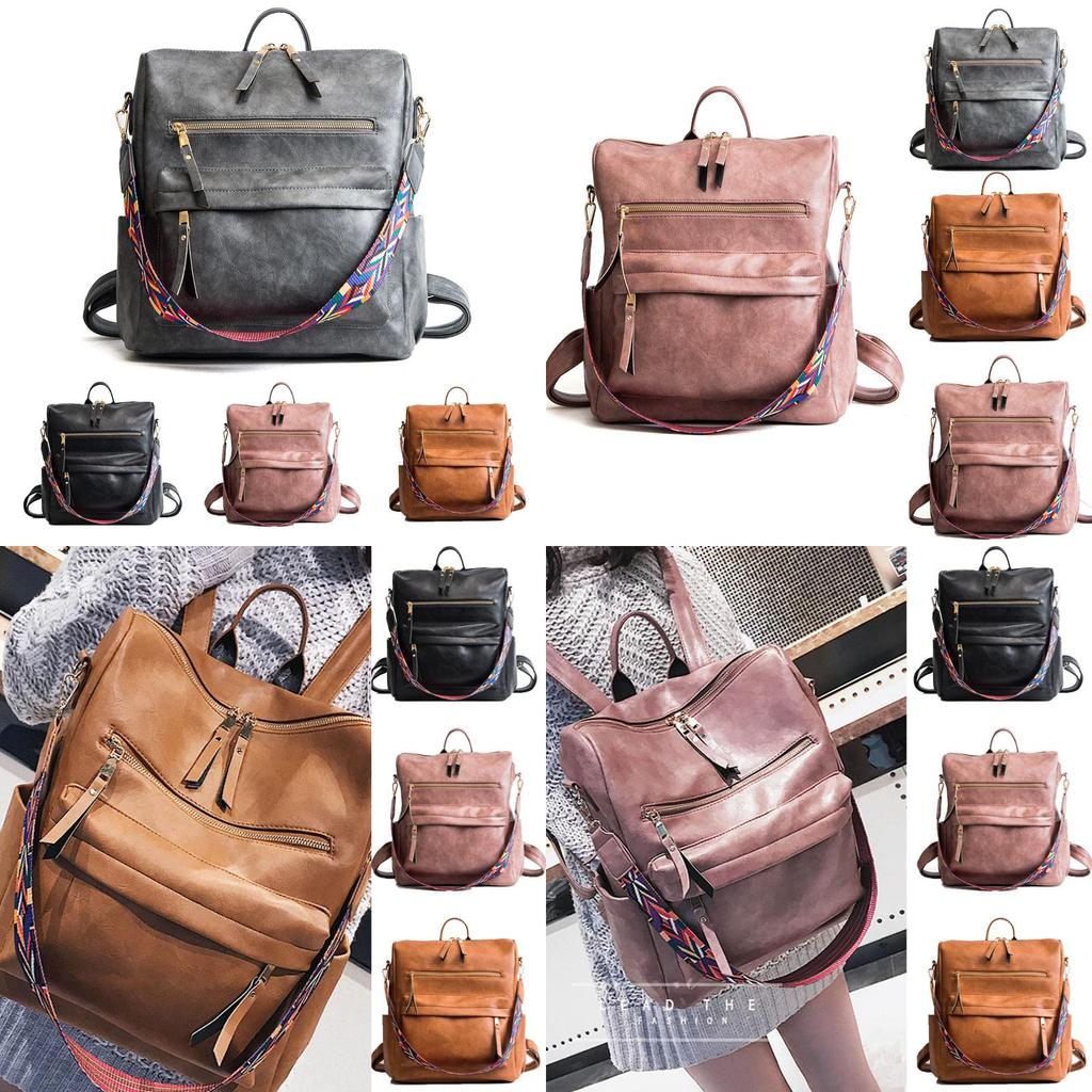 Wear-resistant Women's College Style Backpack In Pure Color Soft Pu Leather