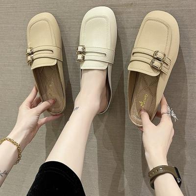 Baotou Half Drag 2024 Весняні тапочки з м’якою підошвою та пряжкою ременя. Плоскі тапочки, босоніжки, жіночі