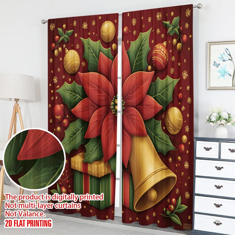 2pcs 2D flat printing Christmas Party Curtains Christmas Poinsettia Holly Ornaments Digital Printed Polyester Drapes Festive
