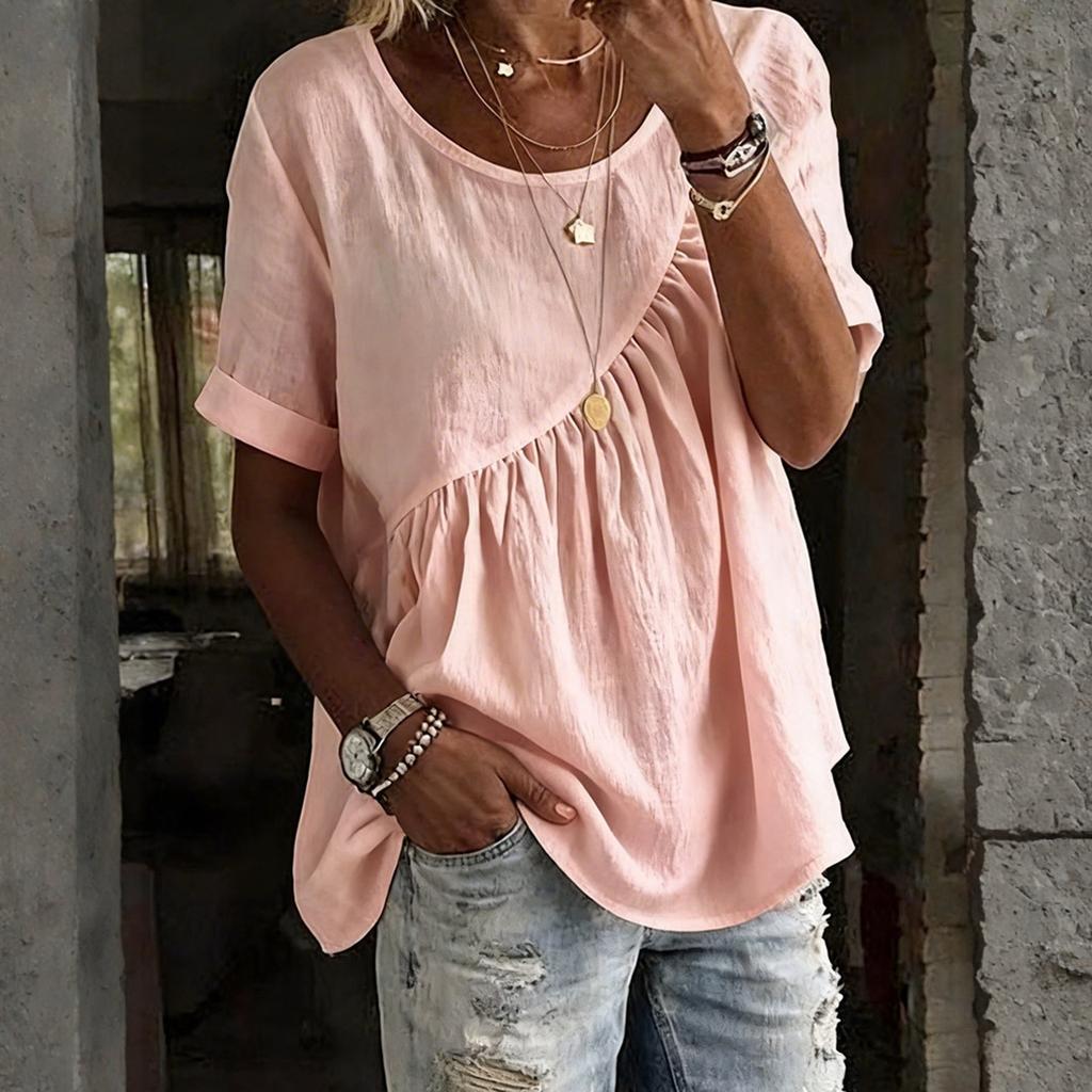 Women's Fashion Loose-Fit Round-Neck Short-Sleeve Gathered T-Shirt Top