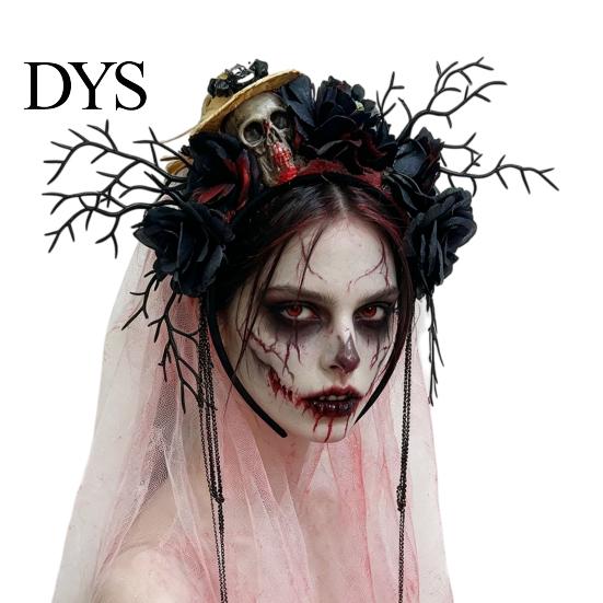 Halloween Ghost Bride Costume Gothic Flower Headband with Veil, Spooky Black Rose Dead Branch Skull Headpiece, Witch Hair Band Day of The Bridal Veil