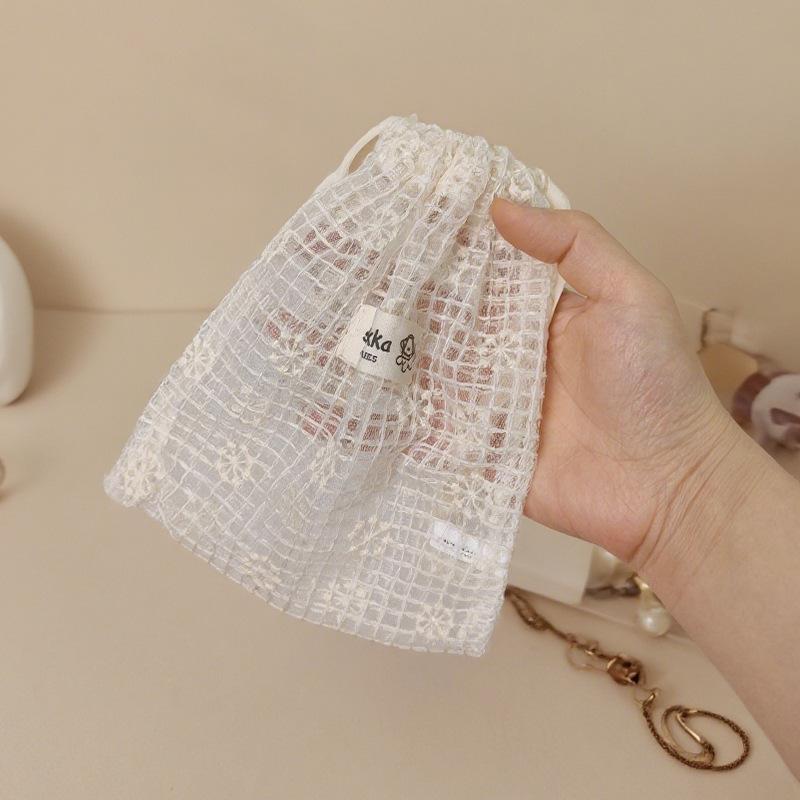 Lace Embroidered Daisy Mesh Drawstring storage Bag Cute Summer Travel Cosmetic Toiletry Organizer Storage Pouch