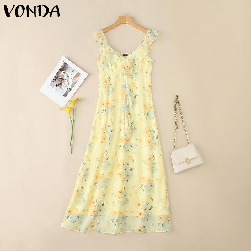 

VONDA Women Strap Sleeveless Floral Printing Ruffled Casual Party Bohemia Long Dress S