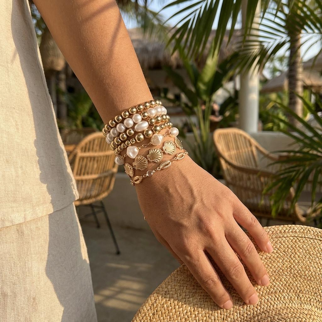 7 Pcs Stackable Beach Bracelet Set for Women Faux Pearl CCB Layered Shell Boho Summer Vacation Ocean Jewelry