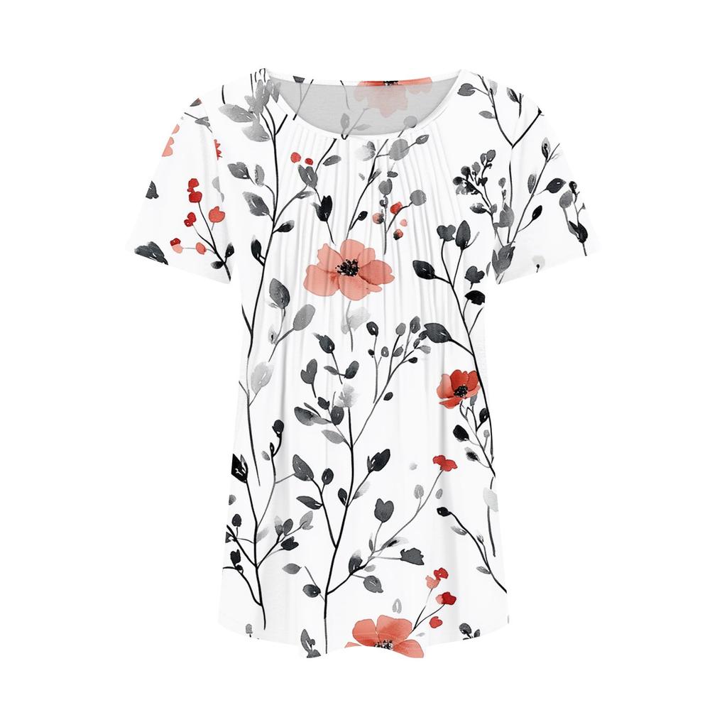 Women's Fashionable Casual Pleated Round Neck Striped Flower Printed Short Sleeved T Shirt Top