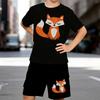 Boys 2 Piece Cartoon Fox Print Outfit, Short Sleeve T-Shirt and Shorts Set for Kids Age 5-14, Black and White Sporty Casual Summer Clothes