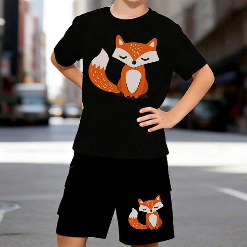 

Boys 2 Piece Cartoon Fox Print Outfit, Short Sleeve T-Shirt and Shorts Set for Kids Age 5-14, Black and White Sporty Casual Summer Clothes 5-6 Years чёрный