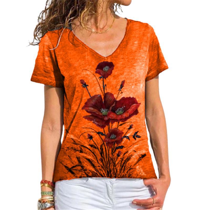 Summer Women's V-neck Floral 3D Printed Women's Short Sleeved T-shirt