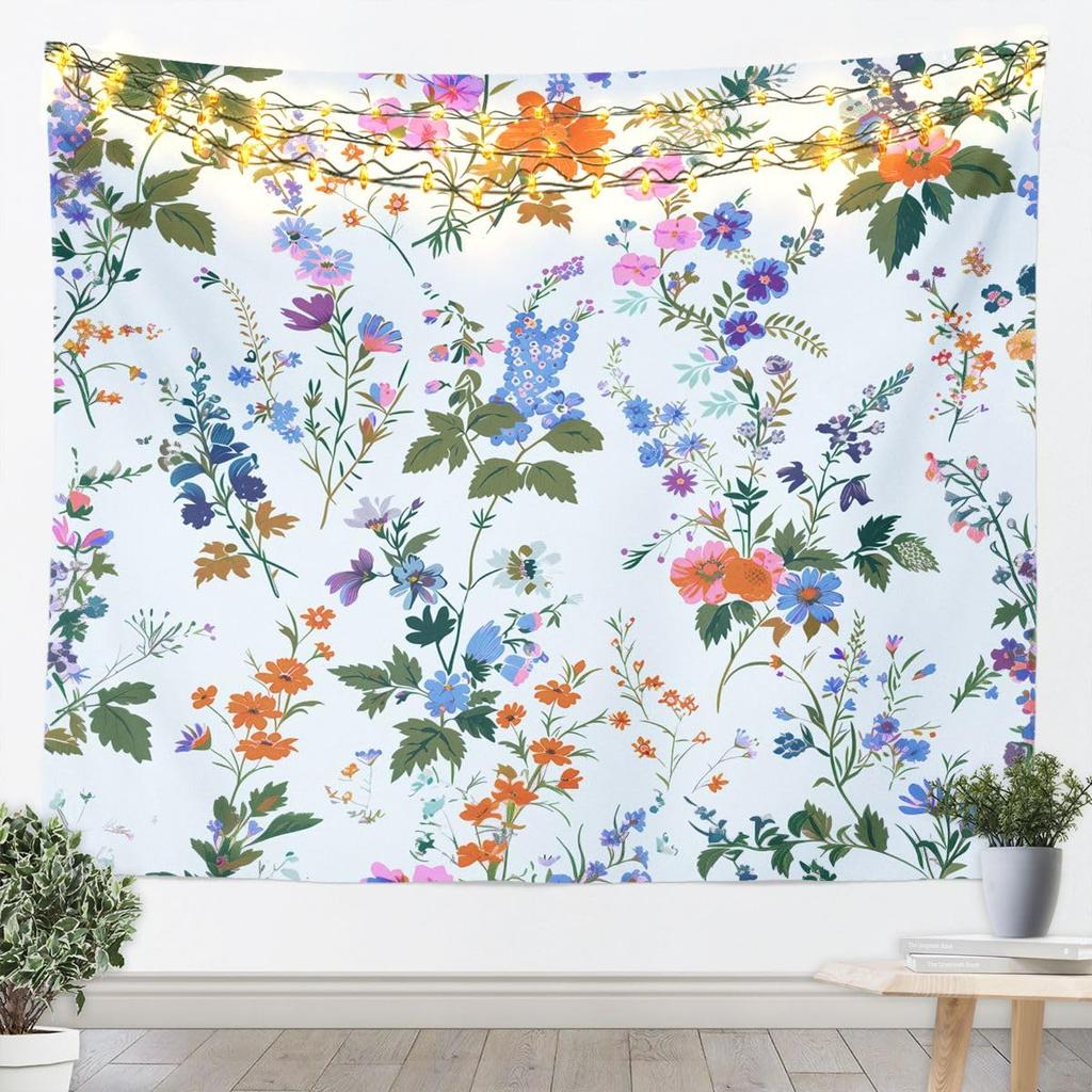Floral Wall Hanging Bohemian Vintage Lace Damask Art Tapestry Beige Blue Flowers Orange Plaid Microfiber Polyester Tapestries