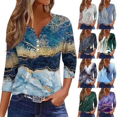 Women's Fashion Casual T-Shirt V-Neck Seven Sleeve Gradient Printed Button Top